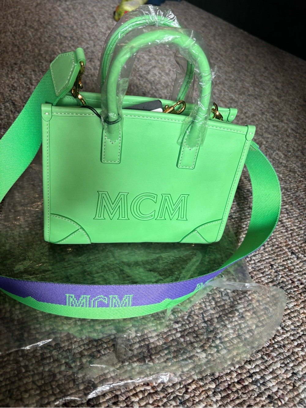 MCM Neon Green Mini Tote with Embossed Logo and Contrast Strap